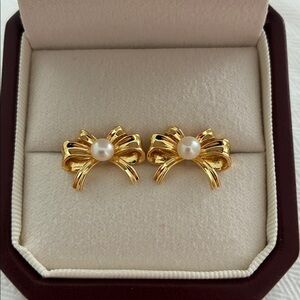 Gold Bow Pearl Earrings | Elegant Ribbon Studs | Affordable Gift for Her